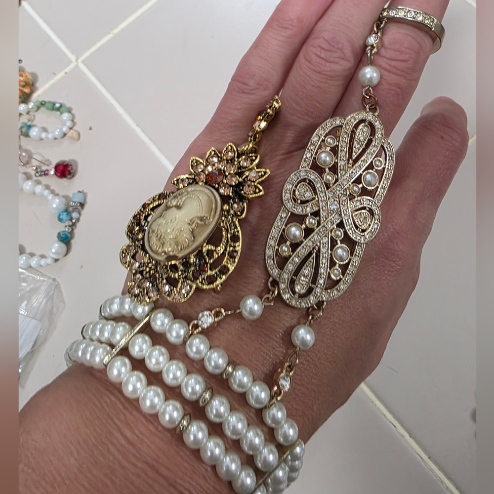 UPDATED 20s 925 Marked Sterling Art Deco  Slave Bracelet ADDED CAMEO BROOCH